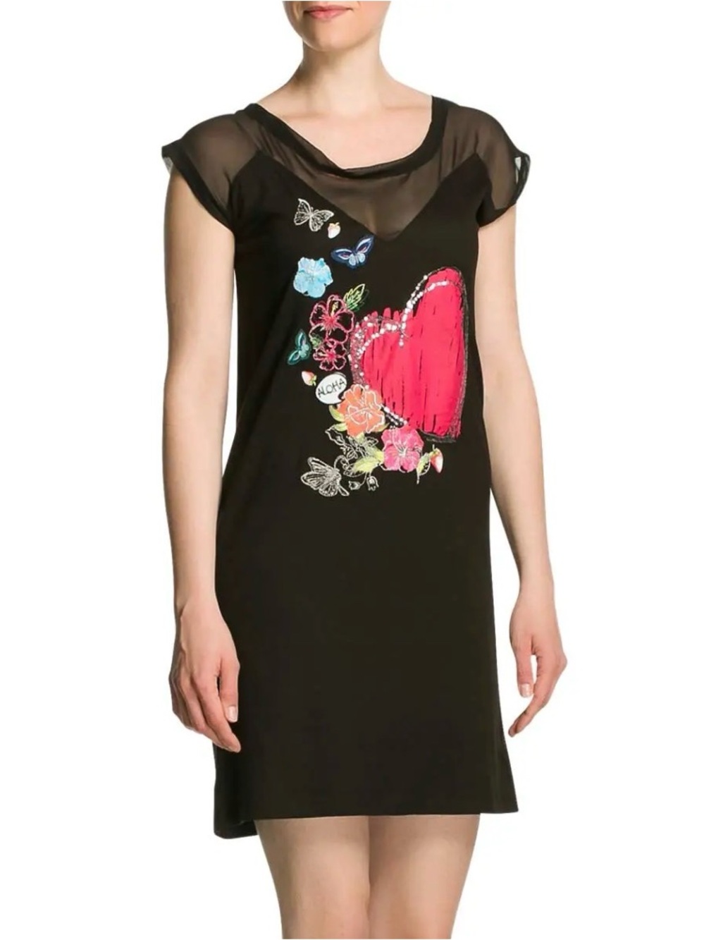 Desigual Sheila Dress with Pink Heart & Multicolor Butterfly Detailing